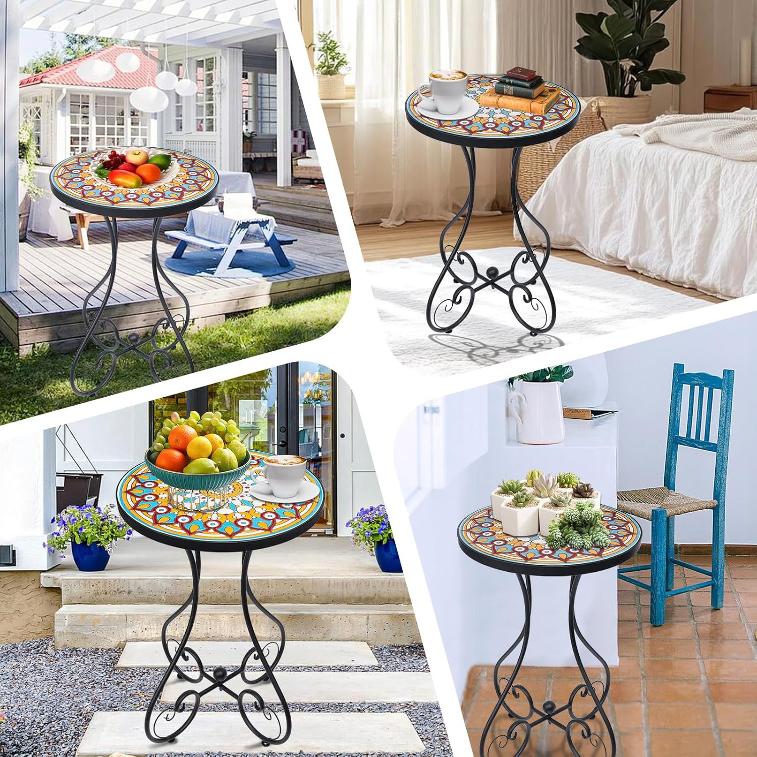 Mosaic Outdoor Side Table Round Rustproof Patio Table 14 Ceramic Multi Color