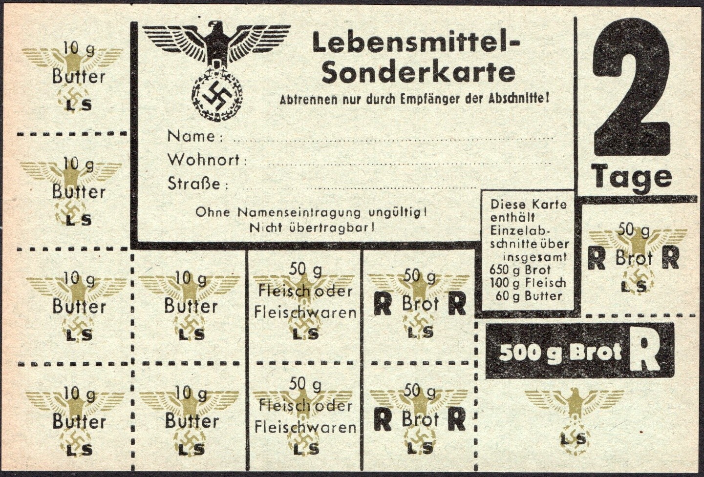 2 days - Food Rations coupon (butter, meat, bread) - WWII 1939-1945 Germany