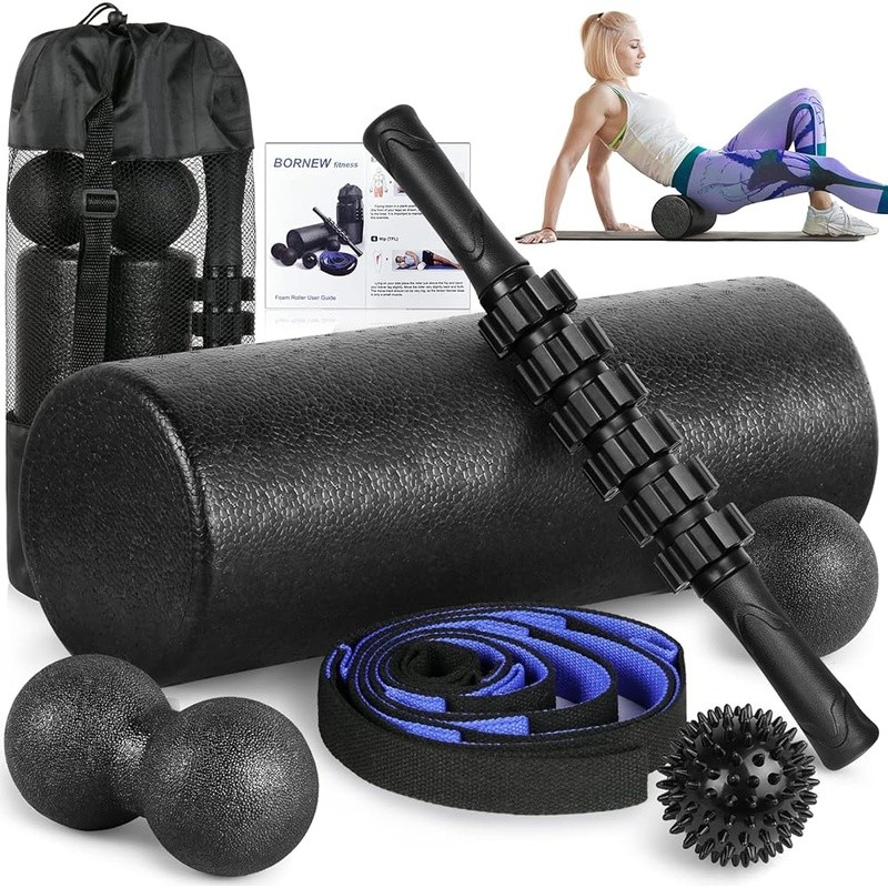 High Density Foam Roller Massage Kit W/ Deep Tissue Stick Ball Stretch Strap New