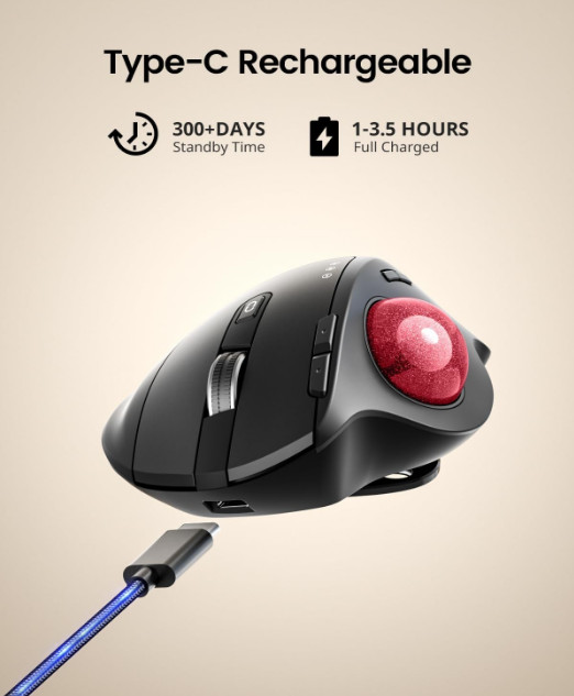 ProtoArc EM01 NL Ergonomic Bluetooth WIFI Trackball Mouse Rollerball Thumb (Red)