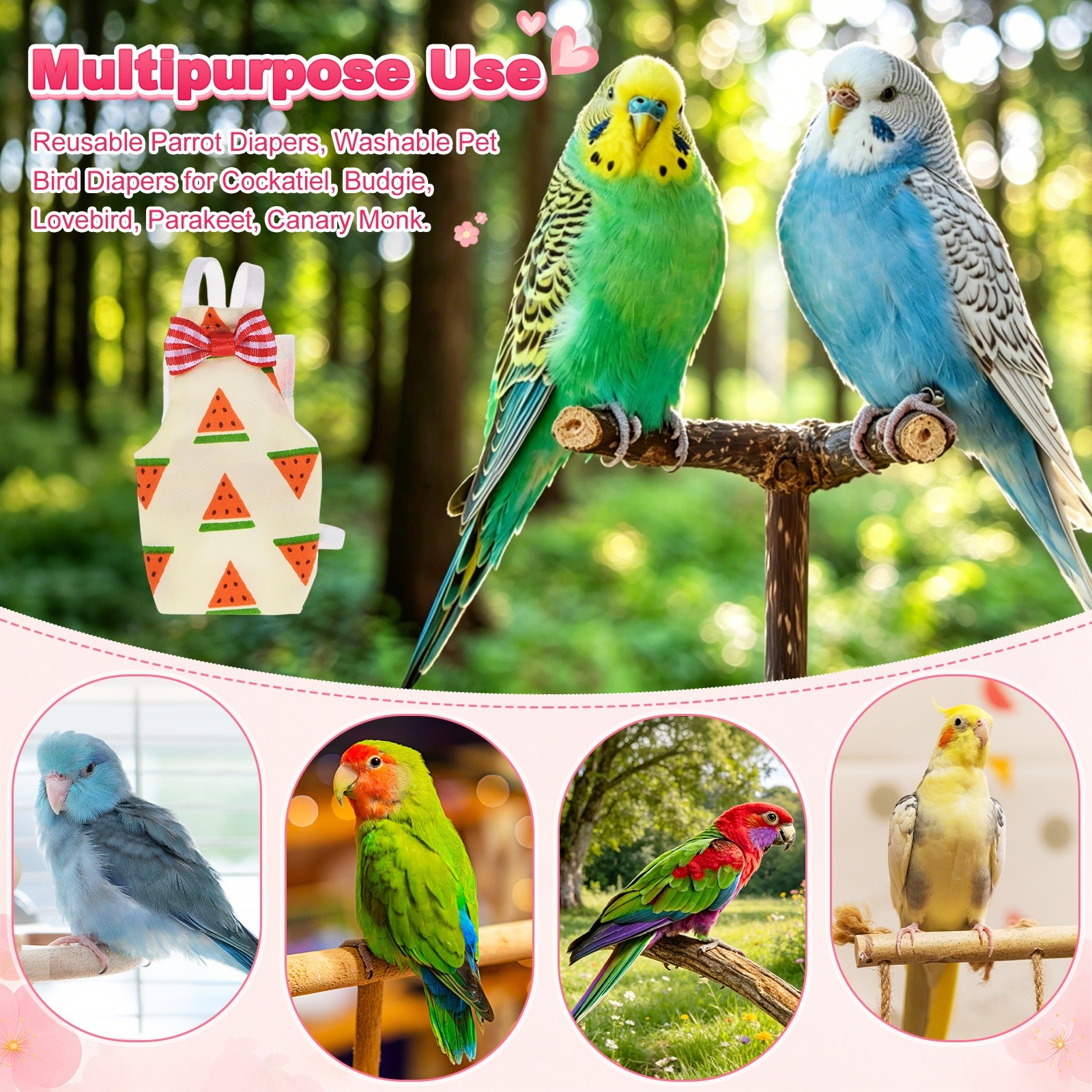 1-Pack Bird Diapers with 6.6 ft Leash Reusable Pet Parrot Nappy [Red, S]