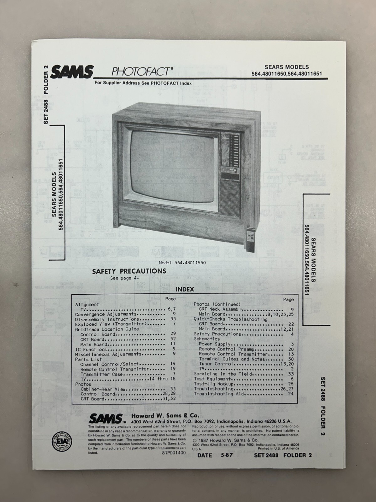 Sears 564.48011650 48011651 Service Manual Sams Photofact Free Shipping