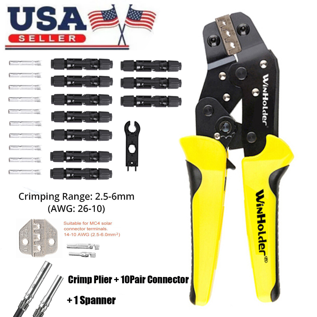 Crimping Plier Kit Solar Connectors Ratchet Straight Crimper Spanner Tool Set
