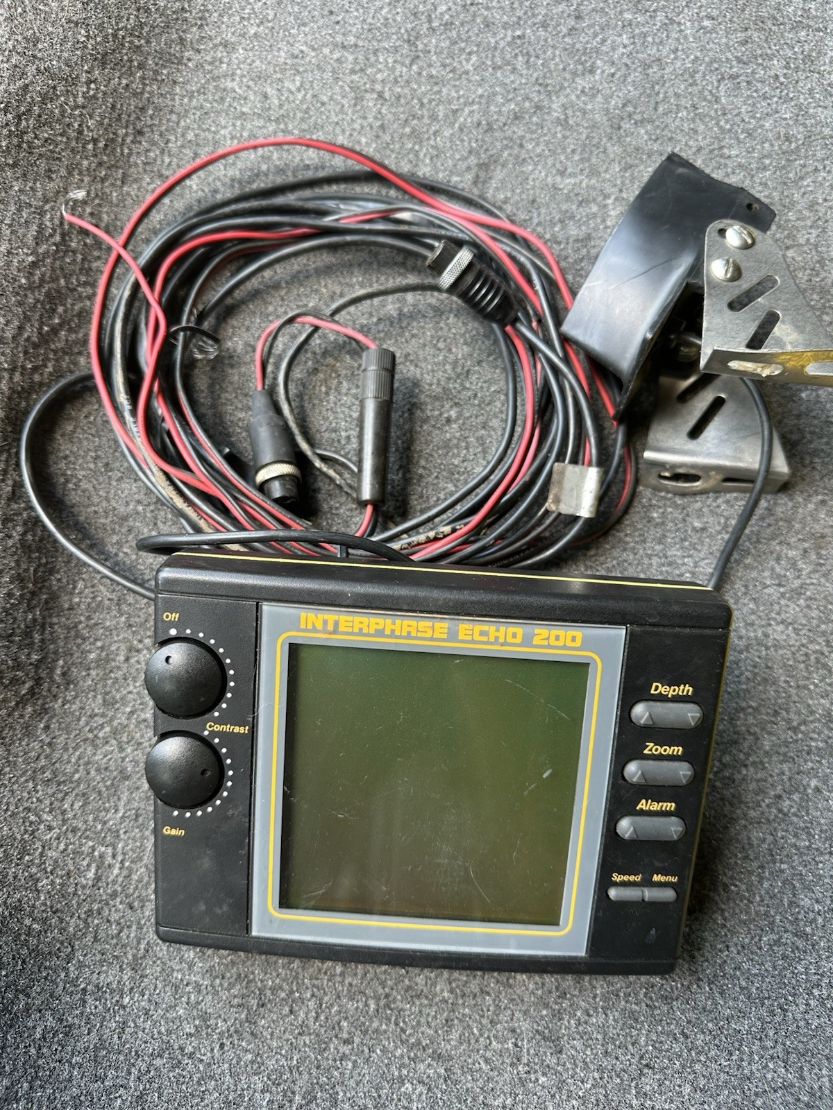 Interphase Echo 200 Depth Fish Finder head Unit Power Cable & Transducer TESTED