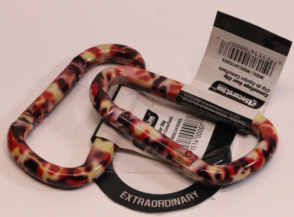 Two 3in. Aluminum Camouflage Gear Clips (Brown, White, Pink Camouflage) NEW