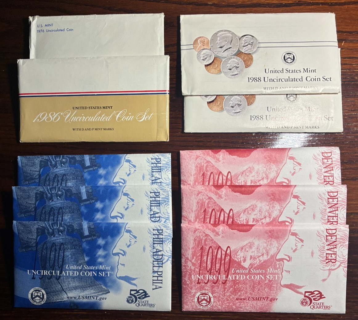 Lot of 10 US Uncirculated Mint Sets:1976, 1986, 1988 (2), 1999-D (3), 1999-P (3)