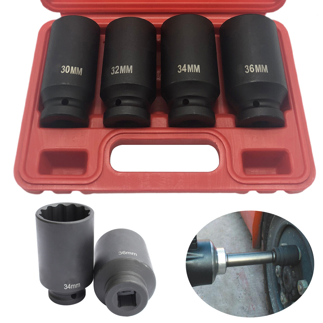 4pcs 1/2" Drive Deep Impact Socket Set Axle Hub Nut 12-Point Metric CR-V 30-36mm