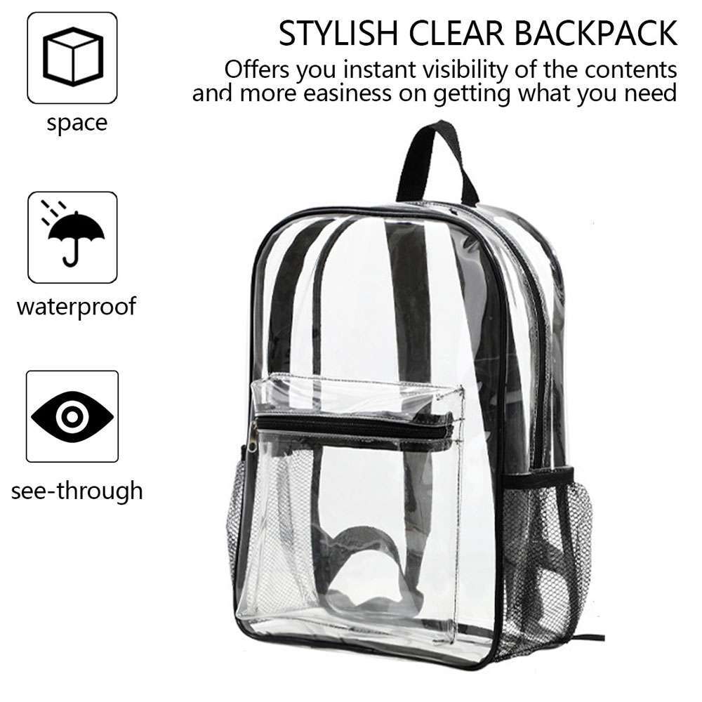 Clear Backpack Transparent See Through School Security Heavy Duty Bookbag Black