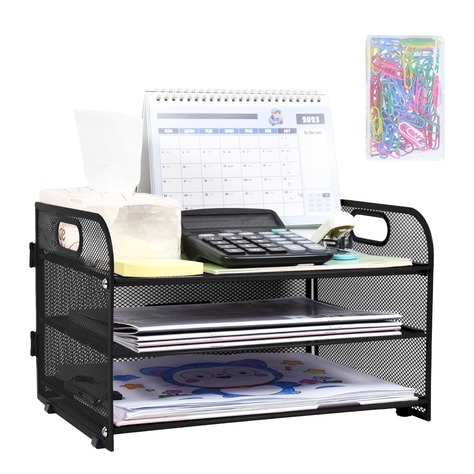 3 Tier Letter Tray, Mesh Metal Paper Organizer for Desk Black
