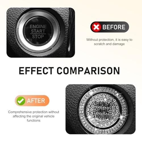 Car Engine Start Button Cover, Sparkling Rhinestone Push Start 2 PCS White