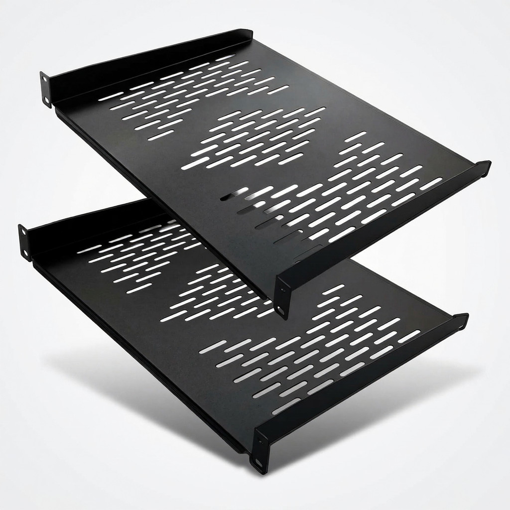 Server Rack Shelf 2-Pack Cantilever Steel Black Vented 14in Deep 19in Mount