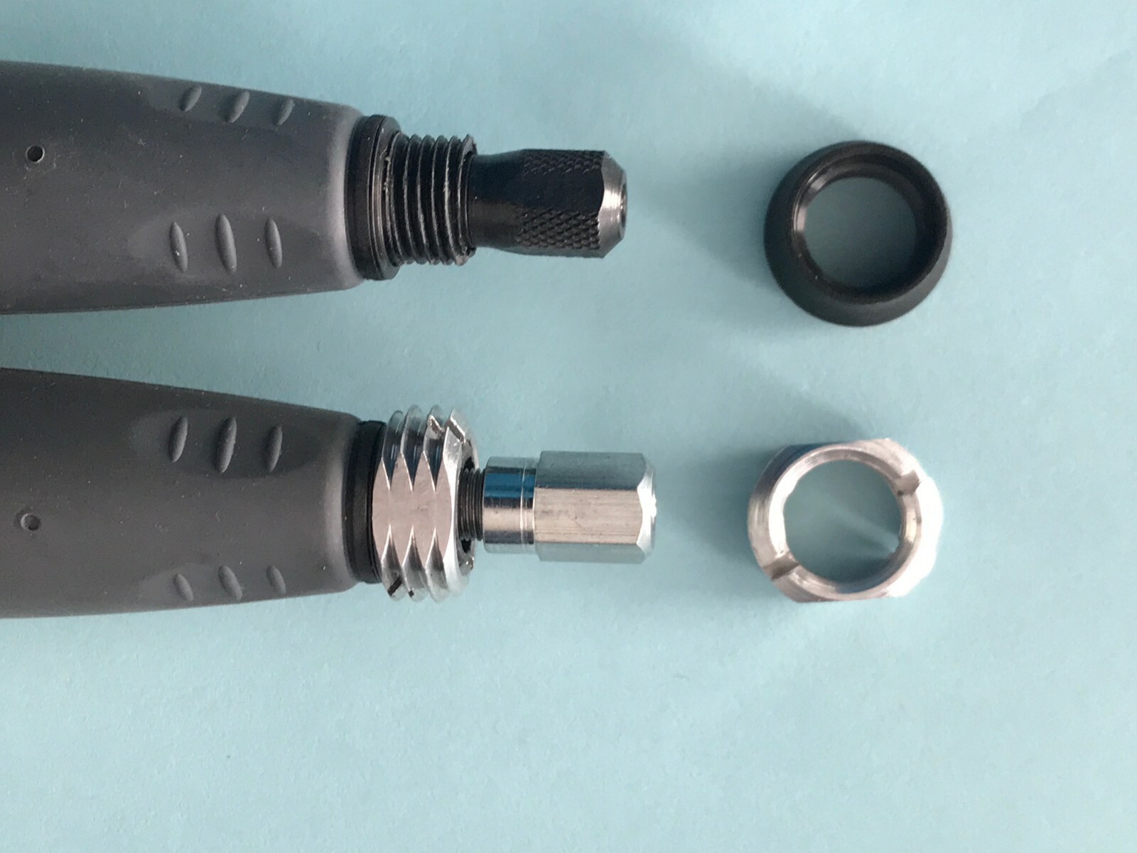Threaded adapter join multiple rotary tool flex shafts together. Longer cable