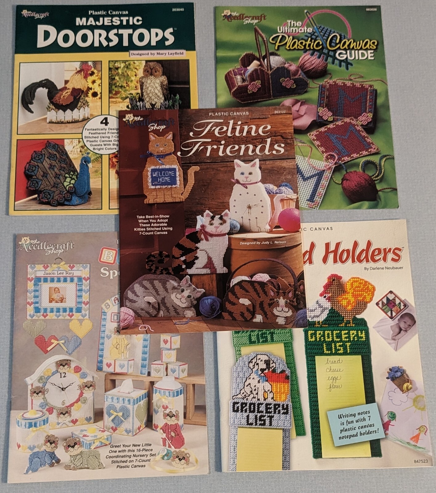 Lot of 5 NEEDLECRAFT SHOP Plastic Canvas Projects Booklets Doorstops Notes Guide