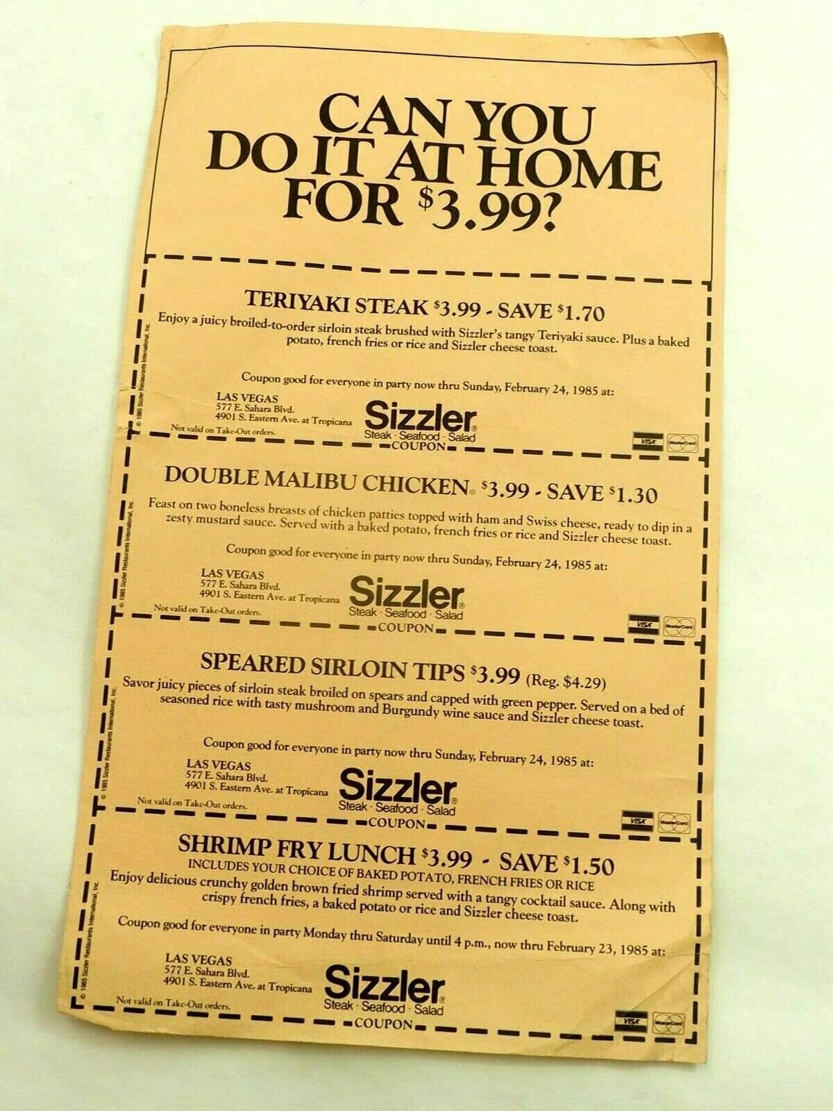 Vintage Sizzler Coupon Sheet Las Vegas Locations 1985