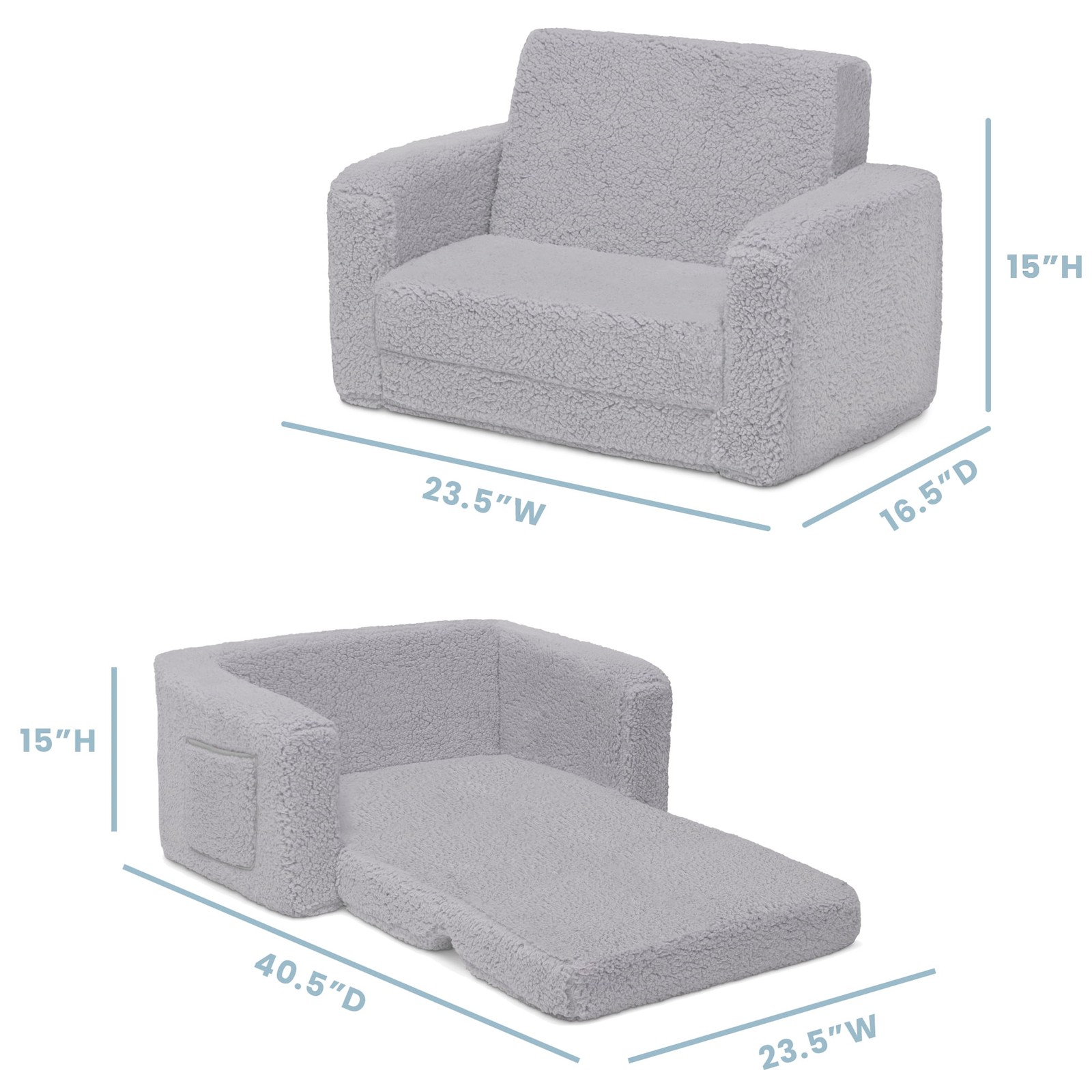 Cozee Flip-Out Sherpa 2-in-1 Convertible Chair to Lounger Kids Grey