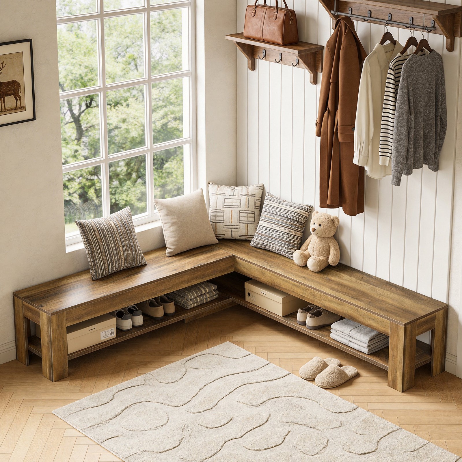 L-Shaped Dining Nook Bench with Storage Shelf, Wooden Space-Saving Corner Bench