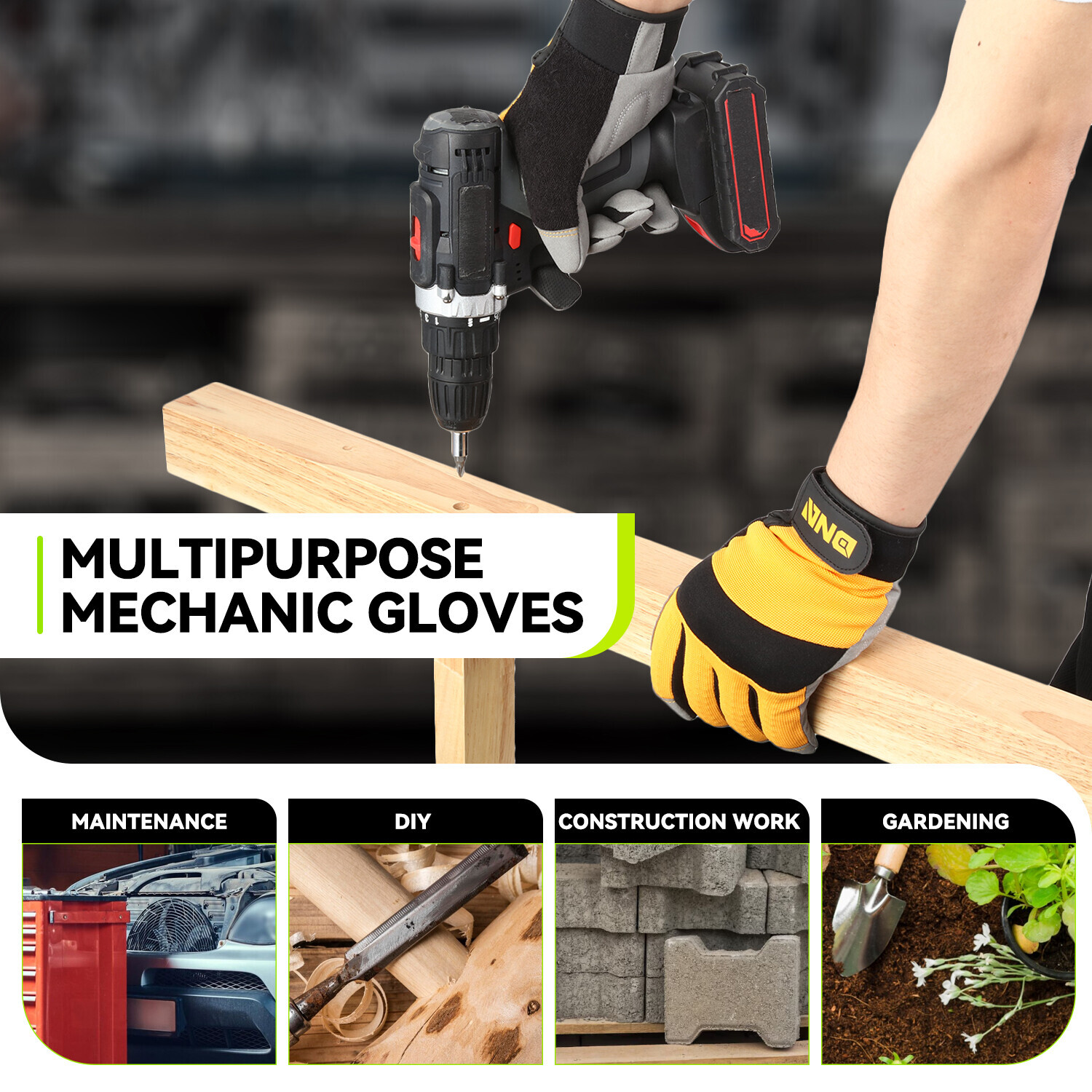 4 Pair Gray/Yellow Flexible Universal Multi-Purpose Utility Mechanic Work Gloves