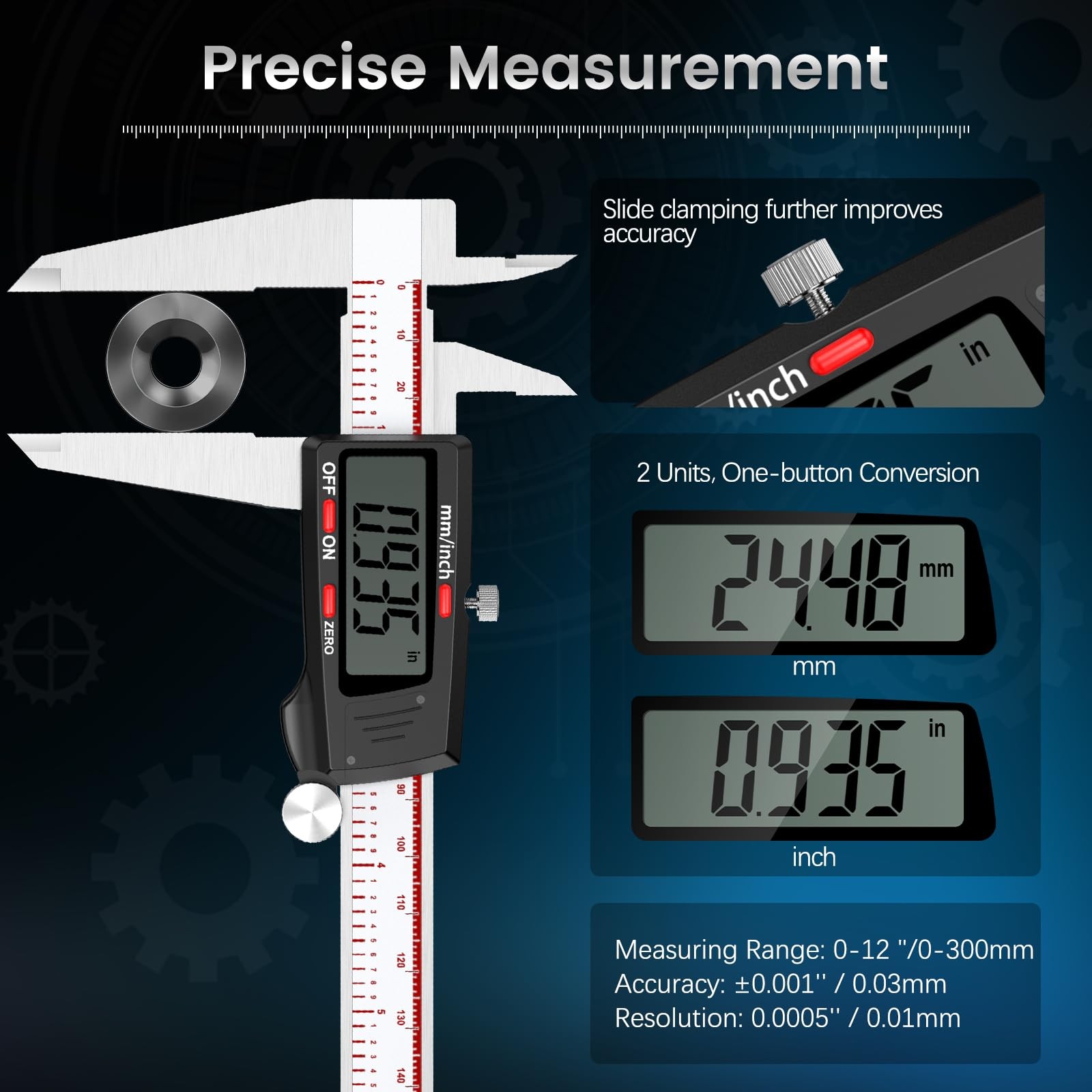 12 Inch Digital Caliper Large LCD Screen Inch/MM Stainless Micrometer Vernier