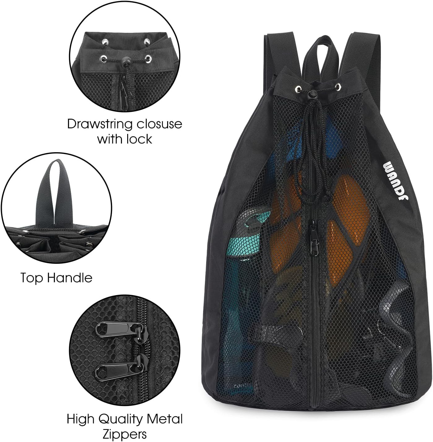 WANDF Swim Bag Mesh Drawstring Backpack Beach for One Size, Black