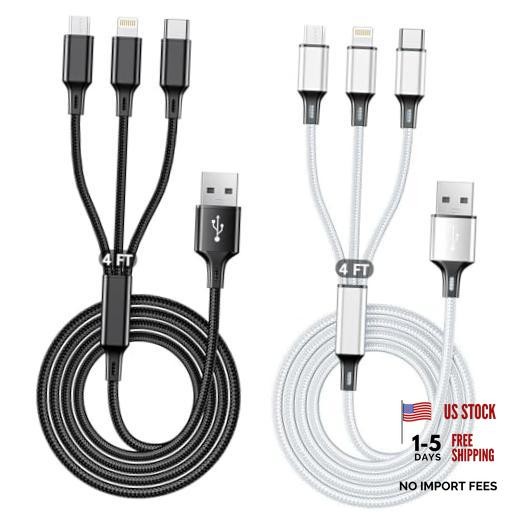 Multi USB Charging Cable 2Pack 4FT, 3 in 1 Charger Cord 4FT/1.2M Sliver+Black