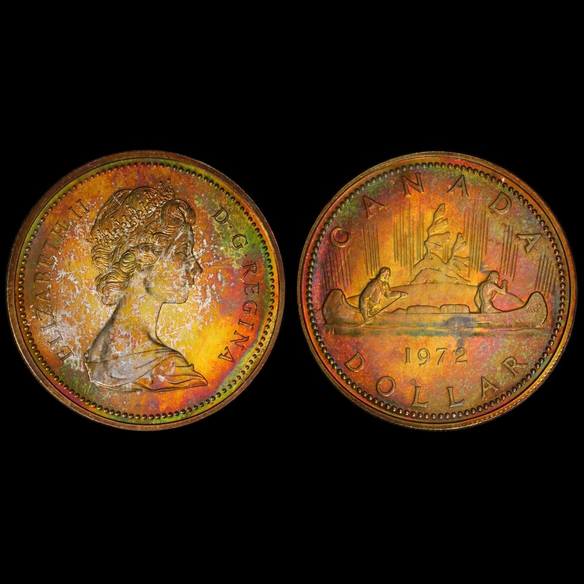 SP67 1972 Canada Voyageur Silver Dollar, PCGS Trueview- Deep Rainbow Toned