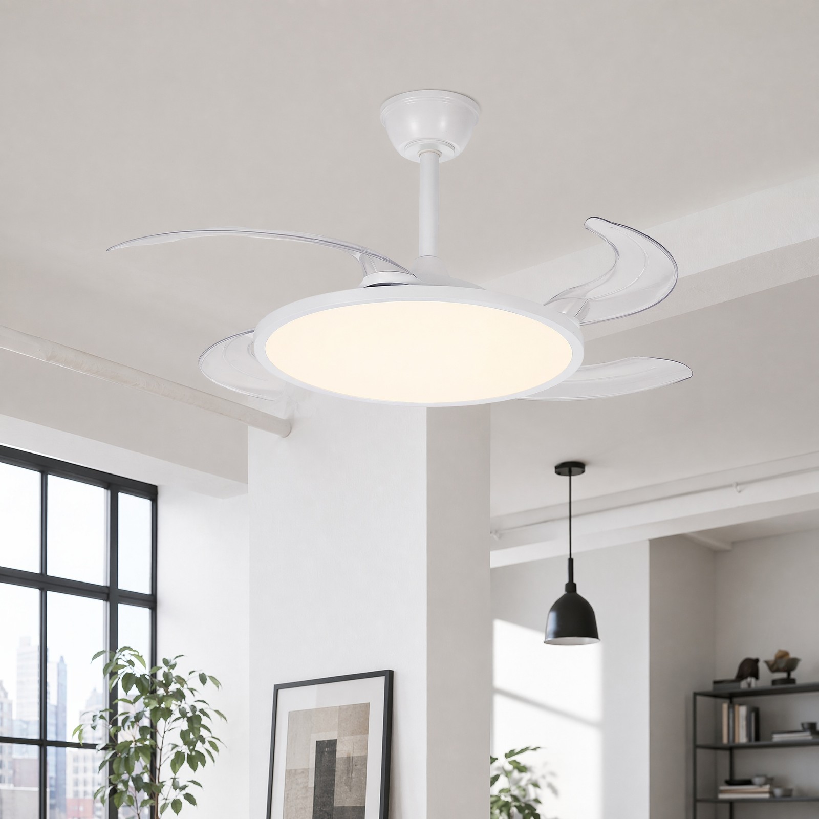 42 inch White Low Profile Retractable LED Ceiling Fan Remote Control with Light
