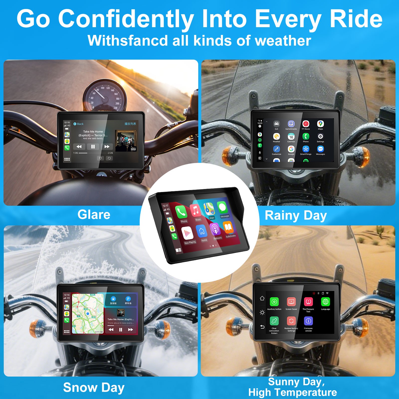 5" Portable Carplay Wireless Android Auto Motorcycle GPS Navigation VioceControl