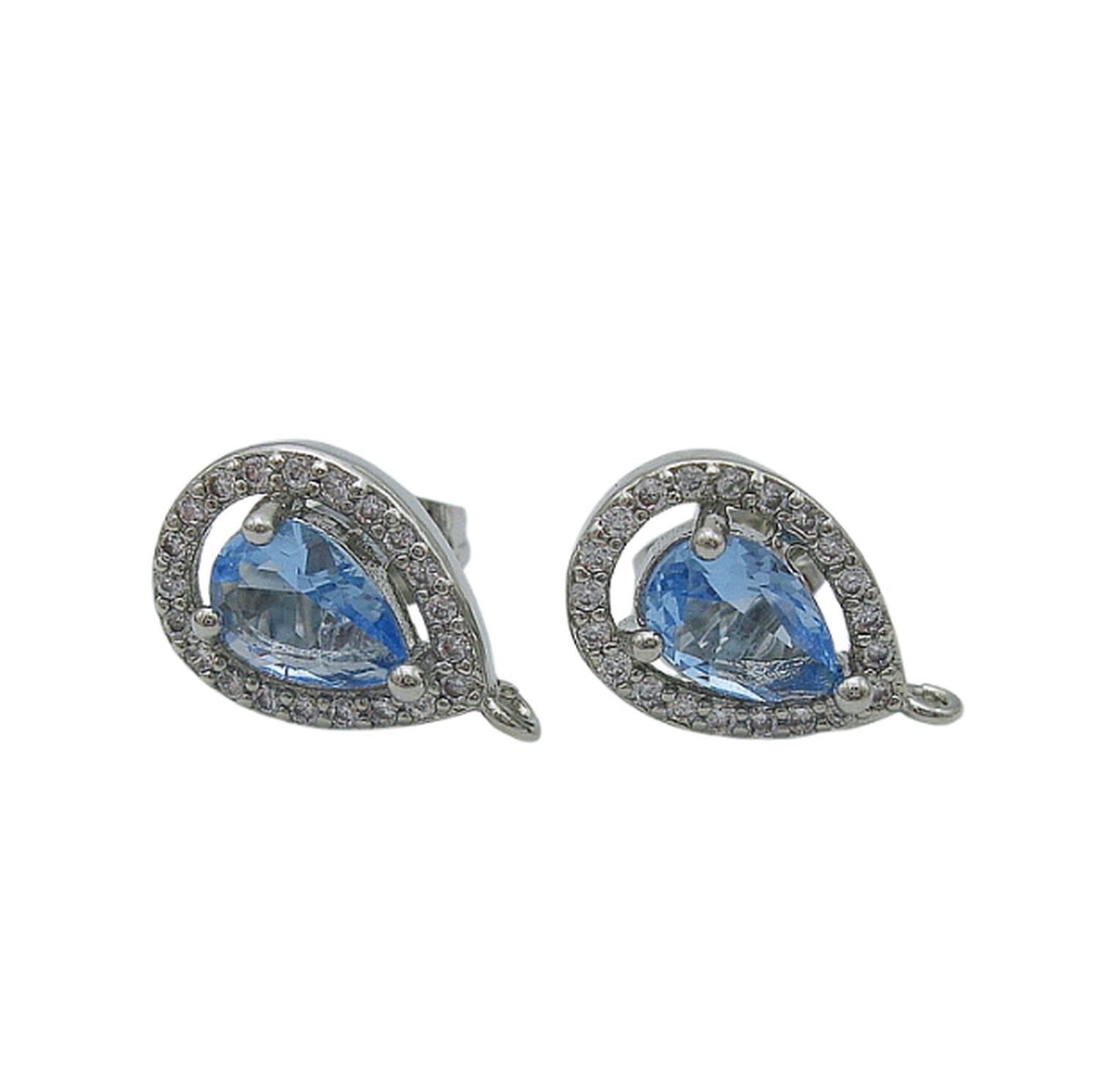 2pcs-Teardrop Blue Topaz Cubic Zirconia CZ Rhodium Plated Earstud Earrings Post.