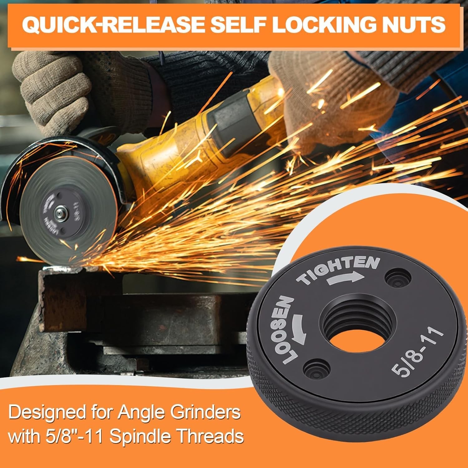 Self Locking Flange Nut No Wrench Required for 4.5" & 5" Angle Grinders, Meta...