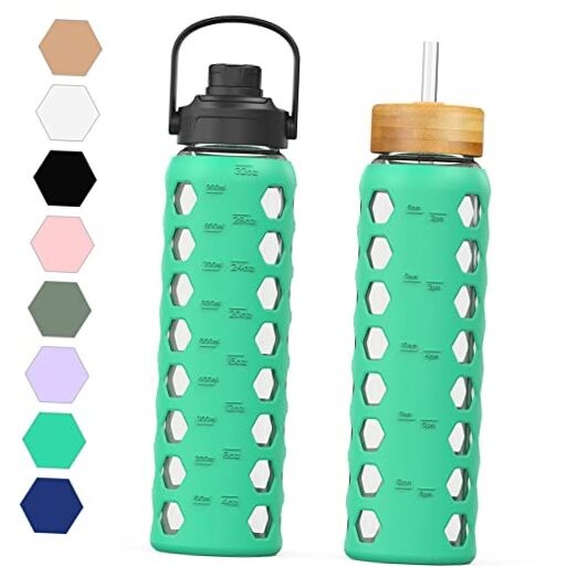 32oz Glass Water Bottles with 2 Lids-Handle Spout Lid&Bamboo 32 Ounces Green