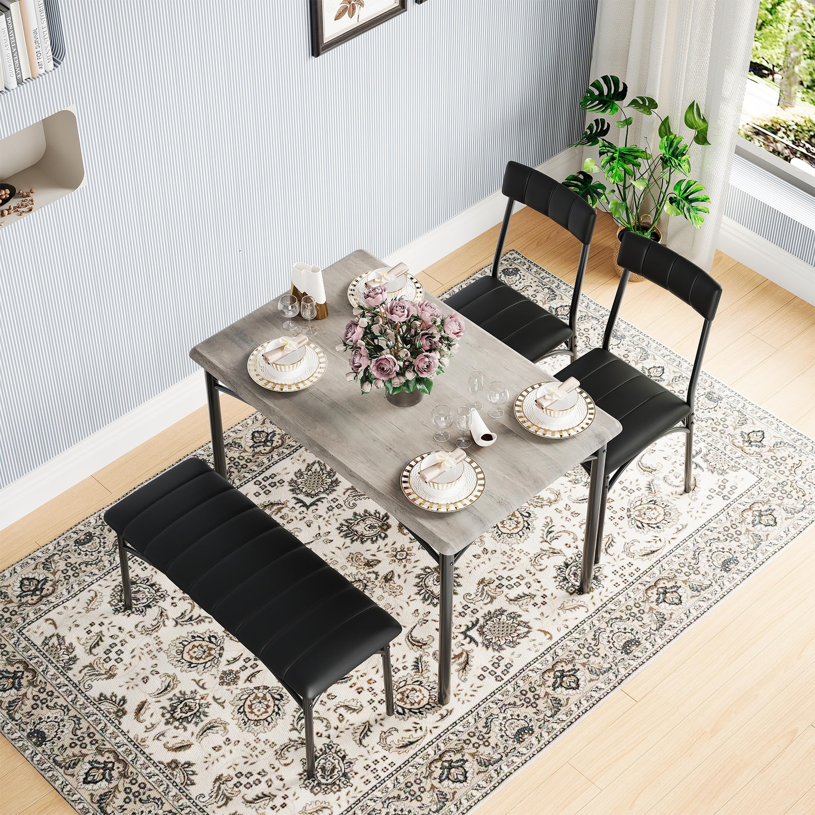 Dining Table Set, Kitchen Table With Upholstered Bench and Chairs for Apartment