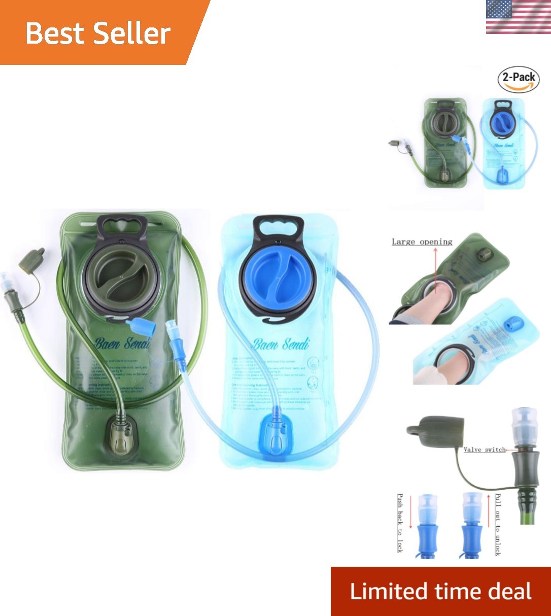 2 Pack Hydration Bladder 2 Liter/70 oz - Water Bladder Pack of 21 Piece Blue+...