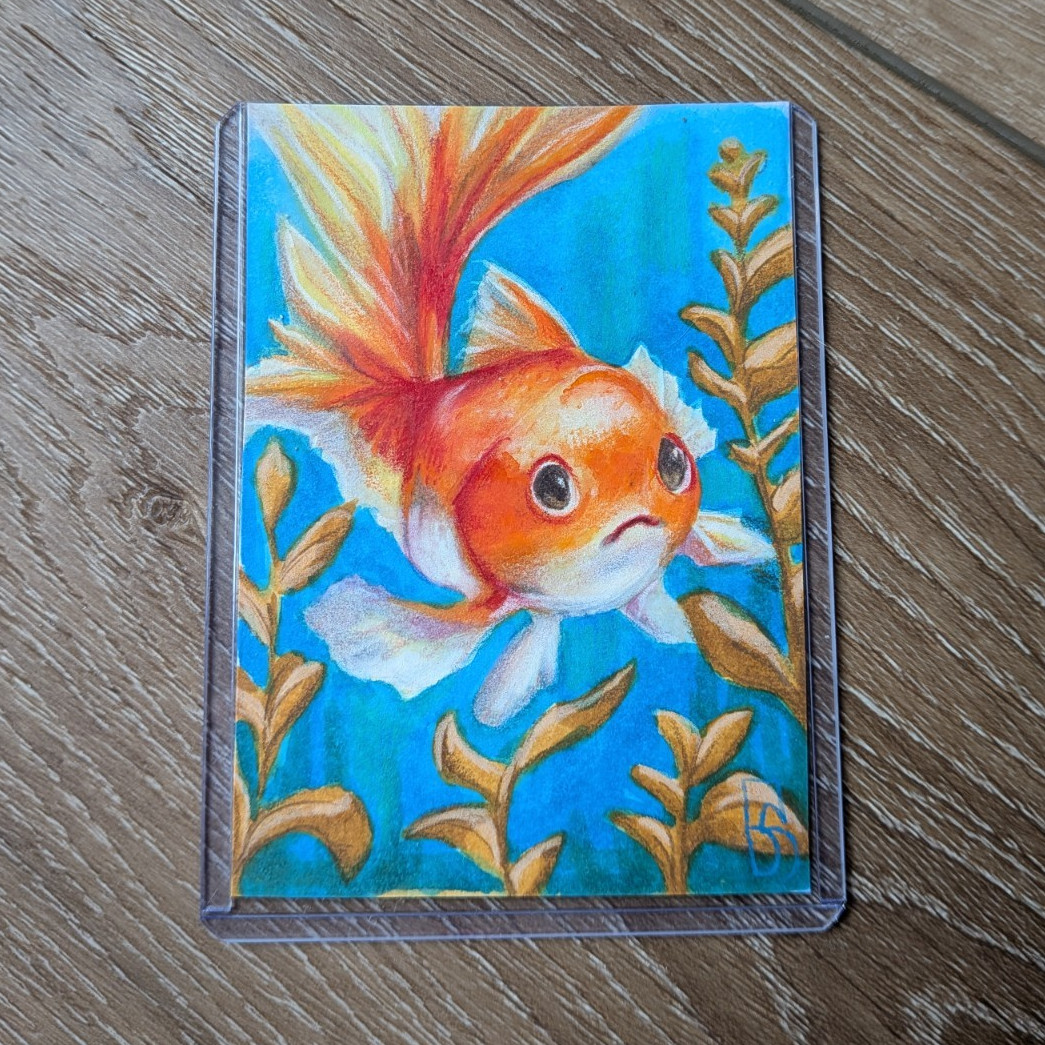 ACEO Original OOAK goldfish- Fish,aquatic,ocean,cute,sea,ocean life, whimsical,.