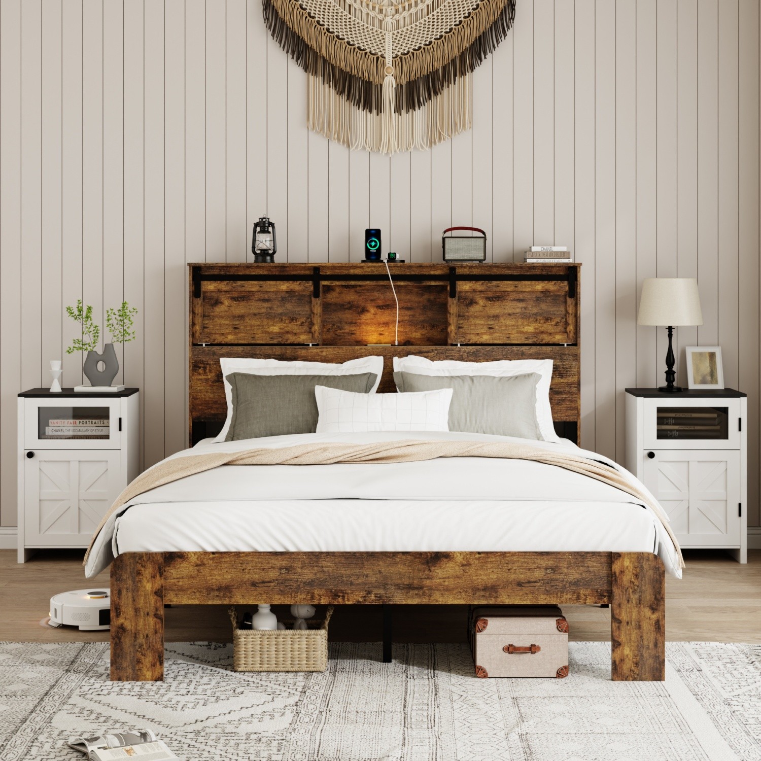 Queen Size Platform Bed w/ Storage Headboard & LED Light & USB Ports Dark Brown
