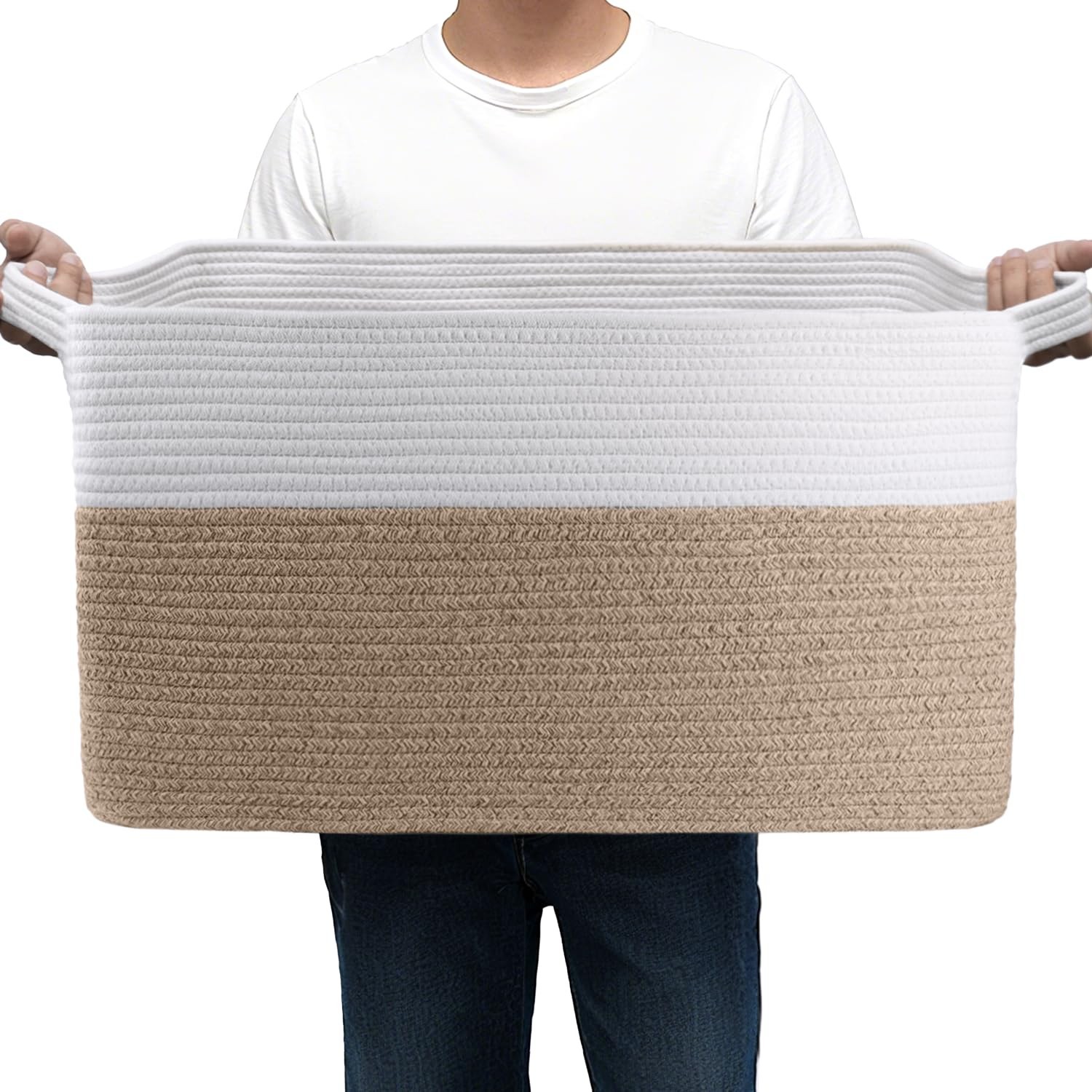 75L Large Cotton Rope Basket 22" x 17" x 12",Large Blanket Basket with Handle...