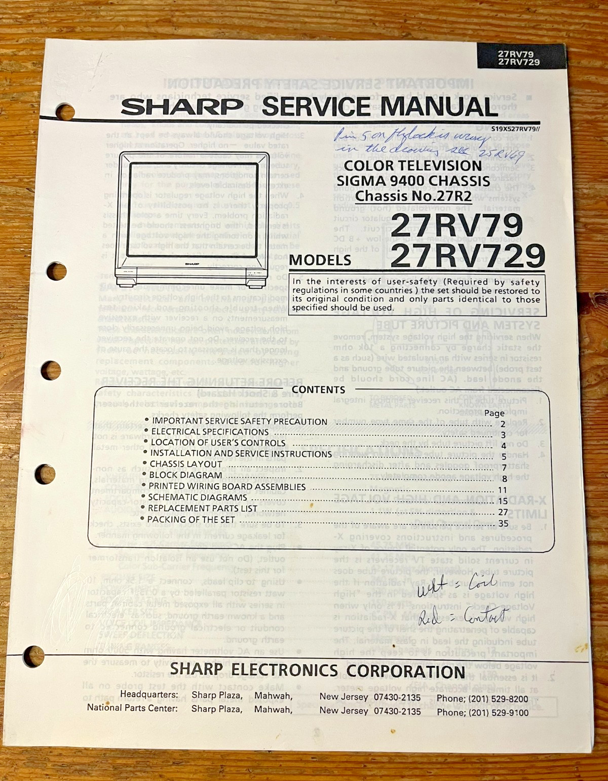 Sharp Service Manual 27RV79 27RV729 Color Television TV Repair Sigma 9400