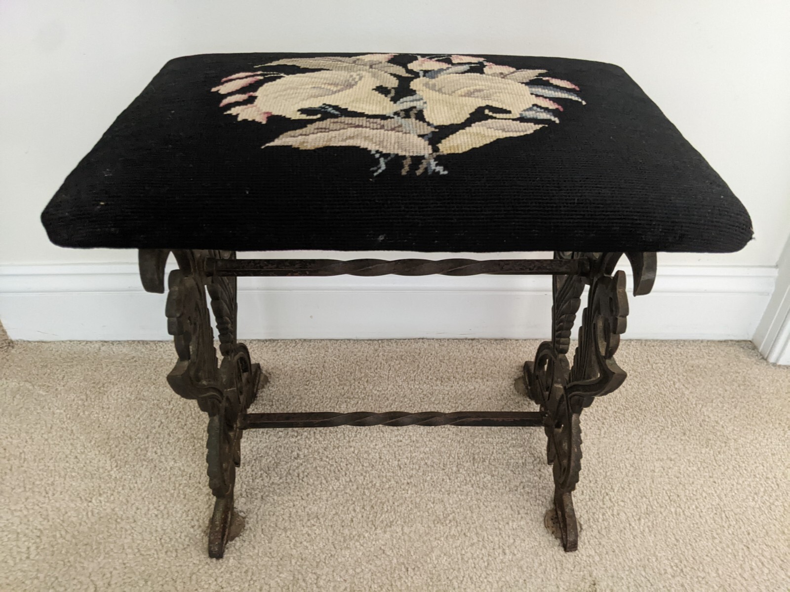 Victorian Floral Iris Needlepoint Bench Stool Ft. Bronzed Cast Iron Chimera Base