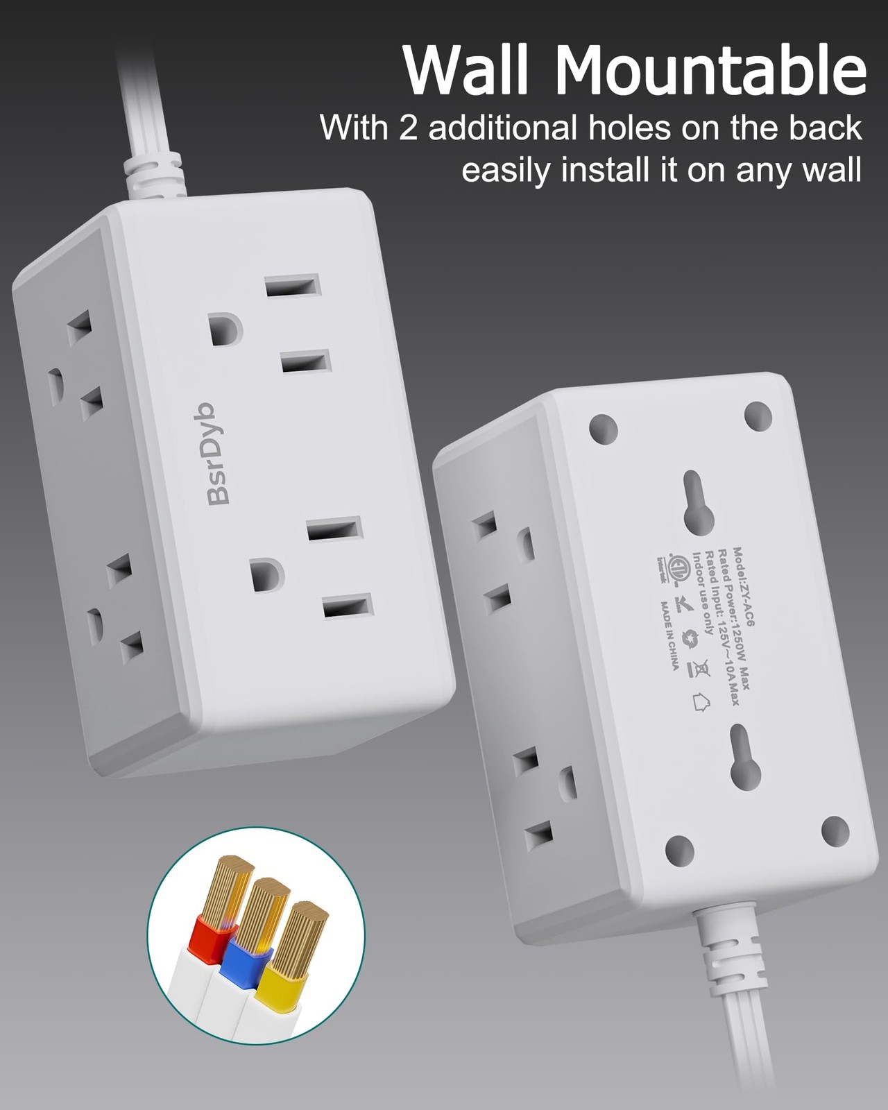 5Ft Flat Plug Small Power Strip,3-Side White Extension Cord with 6 Wide Outle...