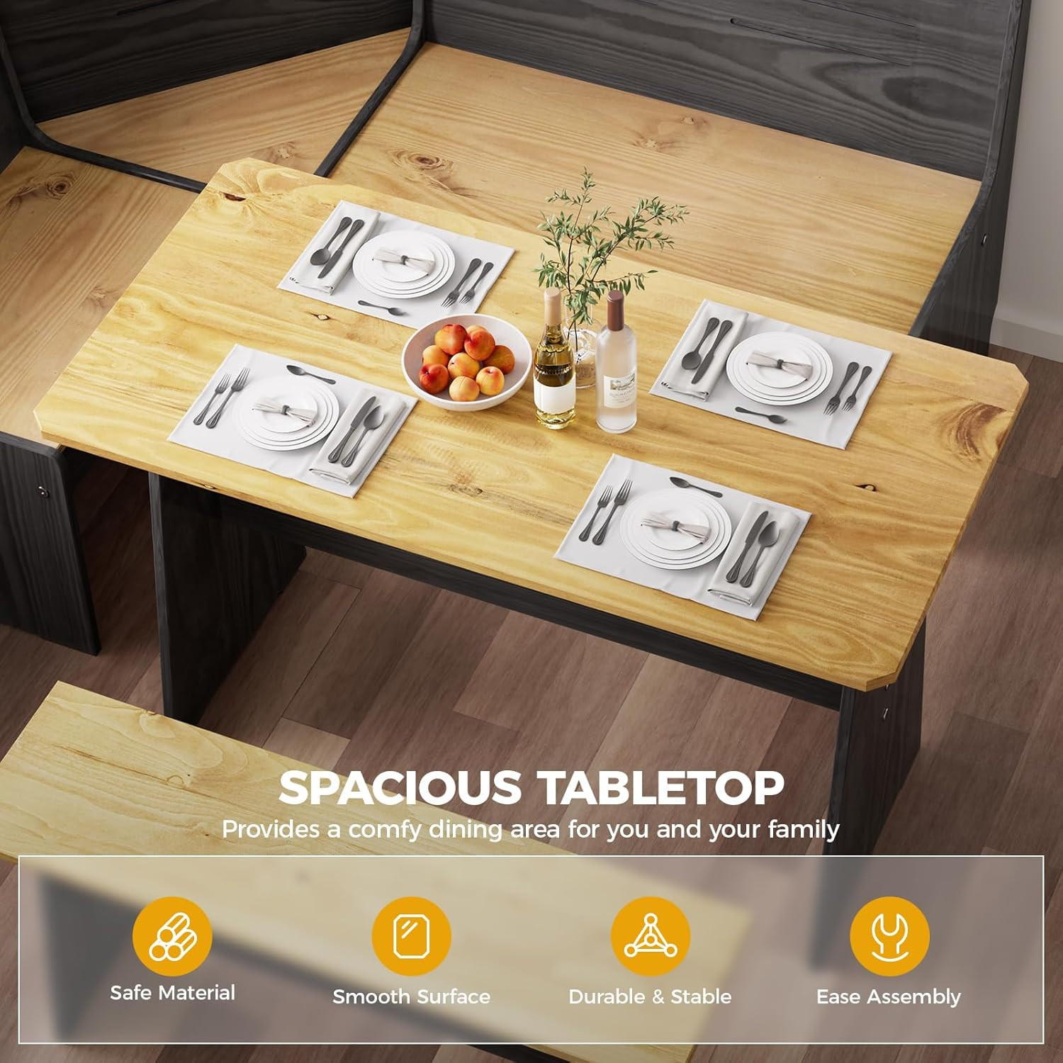Solid Wood Corner Breakfast Nook Table Set for 4-6, Space Saving Black Booth