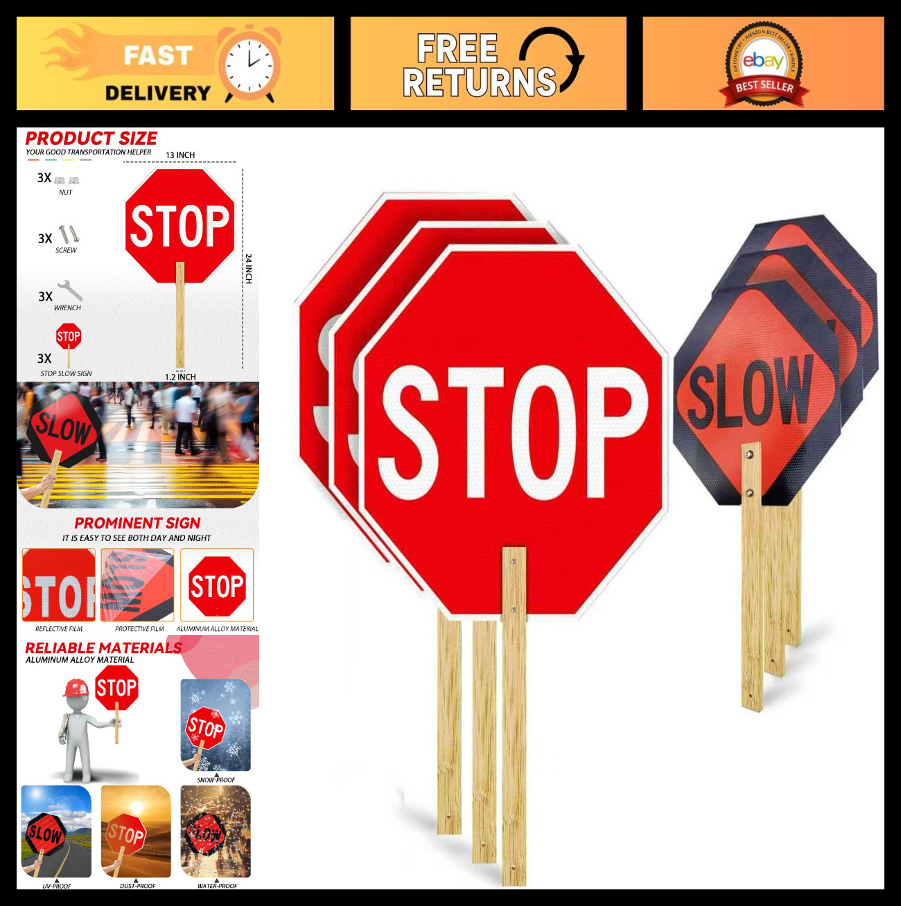 3 Pack Handheld Stop Signs 13" x 13" - Reflective Aluminum Crossing Guard Signs,