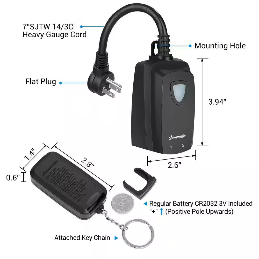 Outdoor Wireless Remote Control Outlet, 2 Independent Control Sockets, Black