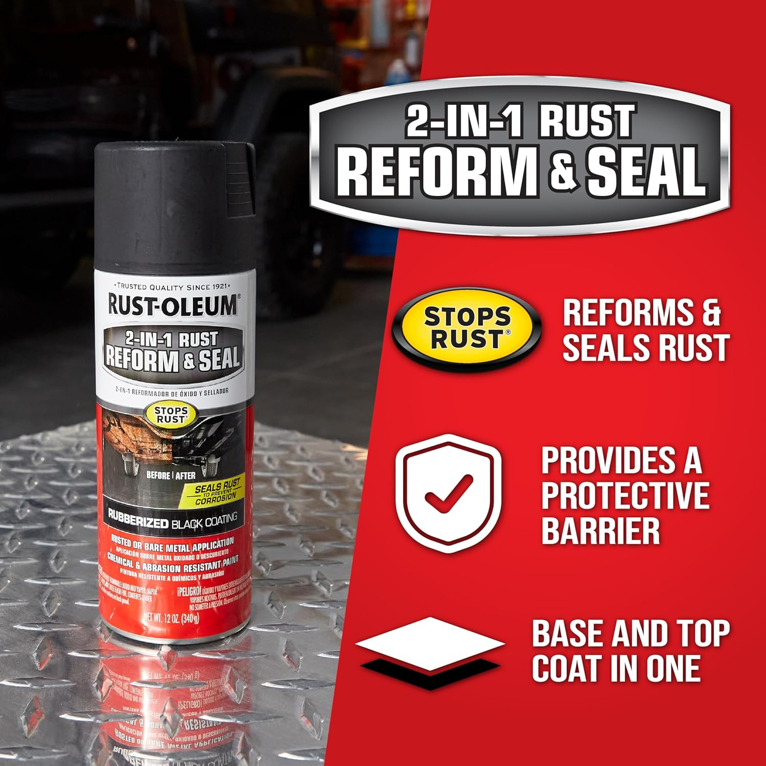 Rust-Oleum Stops Rust 2-In-1 Rust Reform & Seal Coating Spray, Black, Rubberized