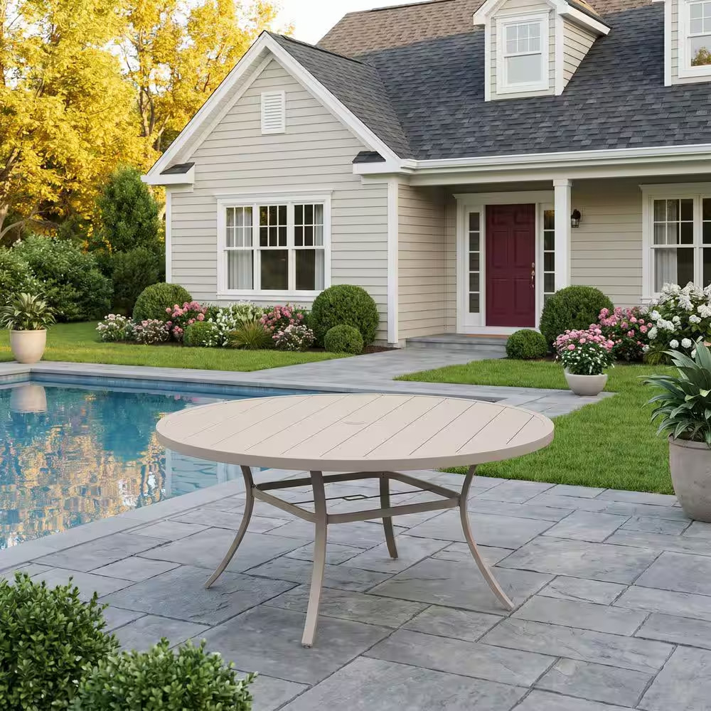 60 In. Sandshell round Metal Outdoor Dining Table for 8-10 with Adjustable Umbre