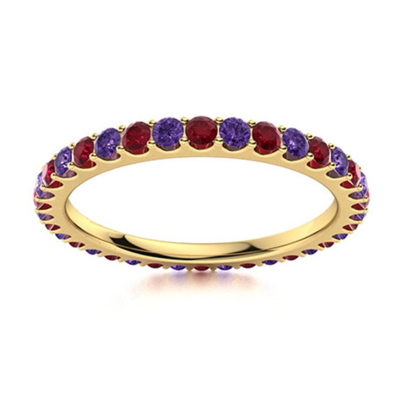 2mm Round Amethyst & Ruby Eternity Band Ring 925 Sterling Silver Yellow Plated