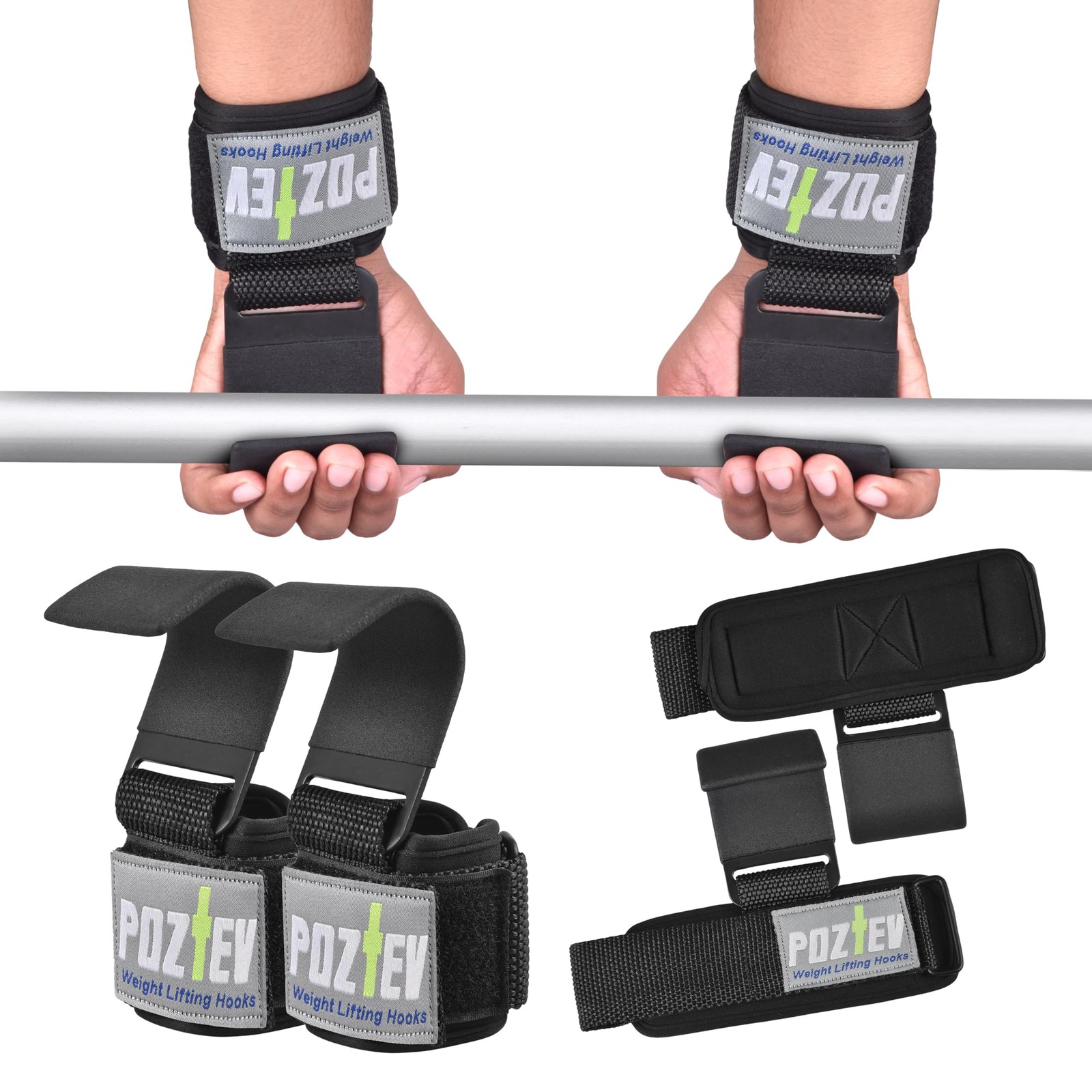Weight Lifting Hooks (PAIR) - Padded Wrist Wraps - Hand 750 pound, Black