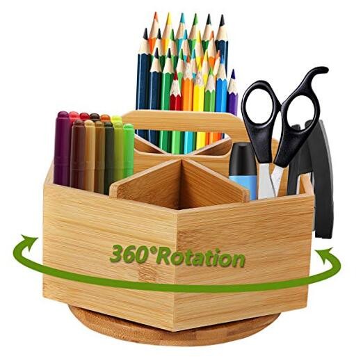 Bamboo Art Supply Organizer, Rotating Pencil Pen Holder, Office Supplies