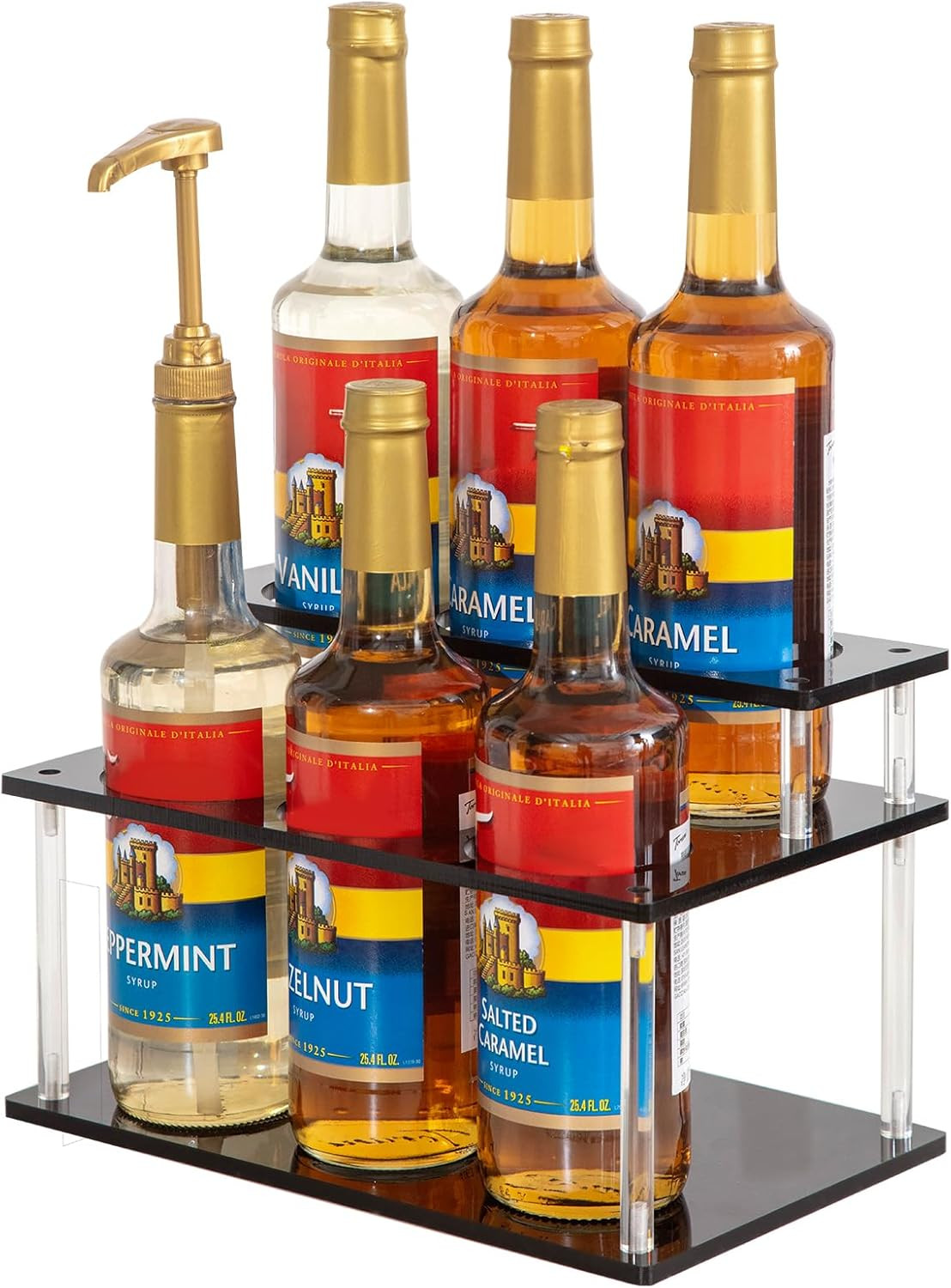 Acrylic Coffee Syrup Organizer, 2 Tier, 6 Bottle Capacity, Black | Syrup Rack, f