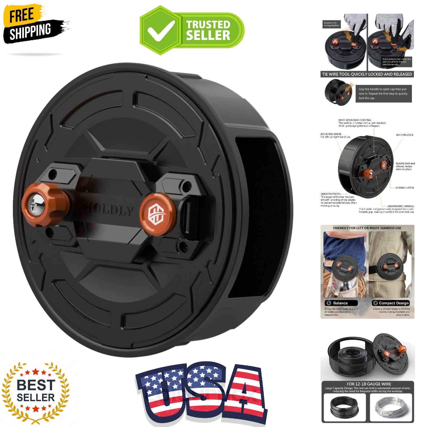 Aluminum Tie Wire Reel for 12-18 Gauge Wire, Quick Lock | Dual-Sided Rewind K...