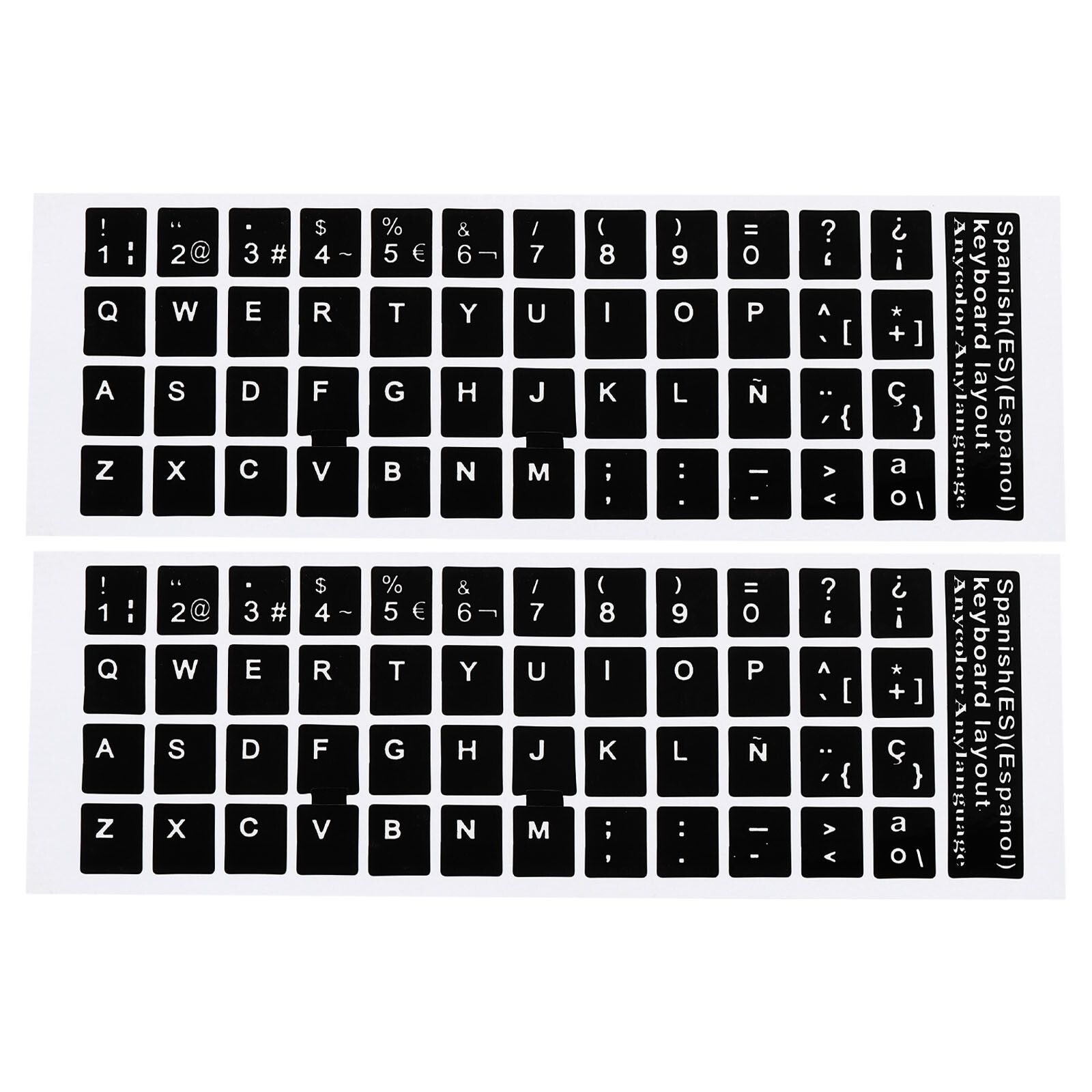 Spanish Keyboard Stickers Cover Smooth, Black Background White Lettering 2pcs
