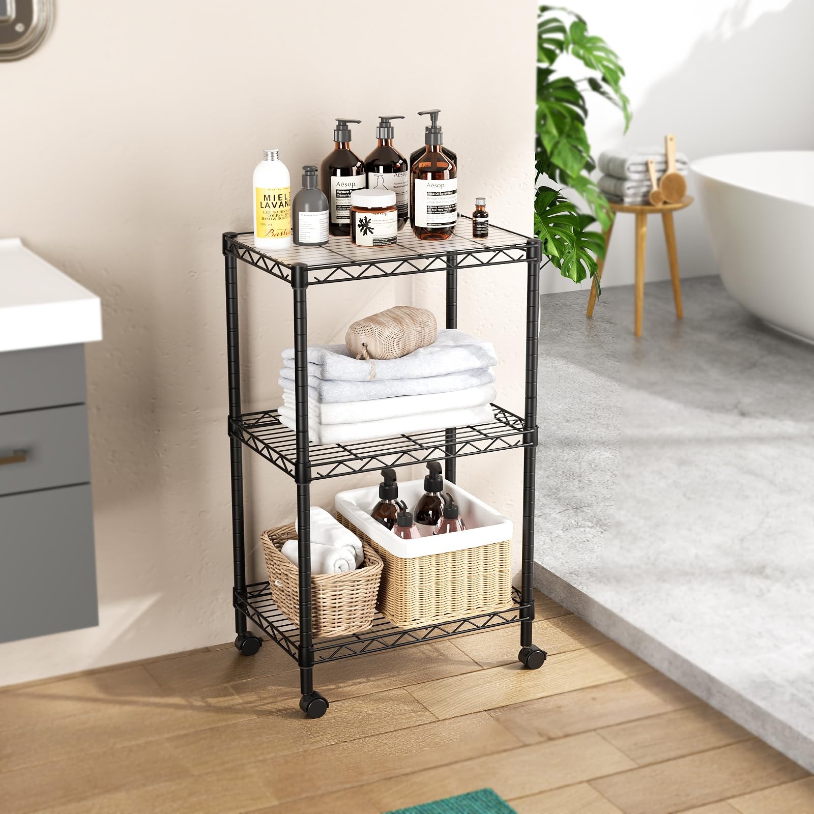 3 Tier Wire Shelving Unit with Wheels Adjustable Metal Storage Rack Black